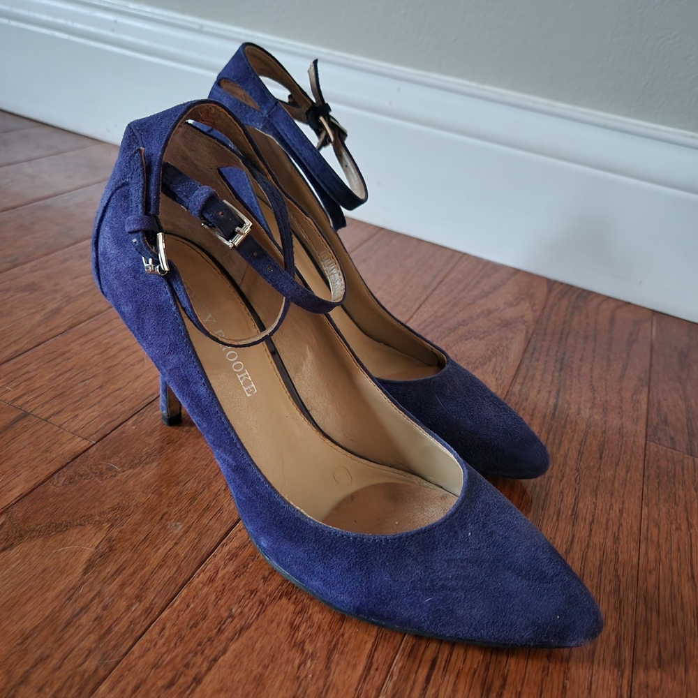 Audrey Brooke Blue Suede Ankle Strap Heels
